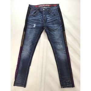 Smugglers Moon Moto Jeans Rhinestone Tape Blue Denim Button Close Size 36x32